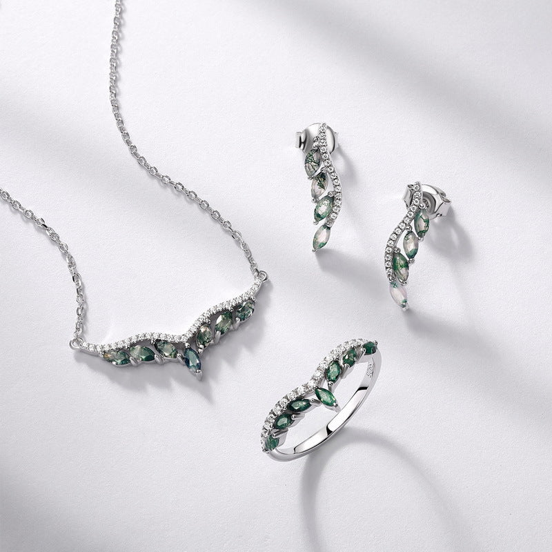 Marquise Green Moss Agate Half Eternity Ring in 925 Sterling Silver