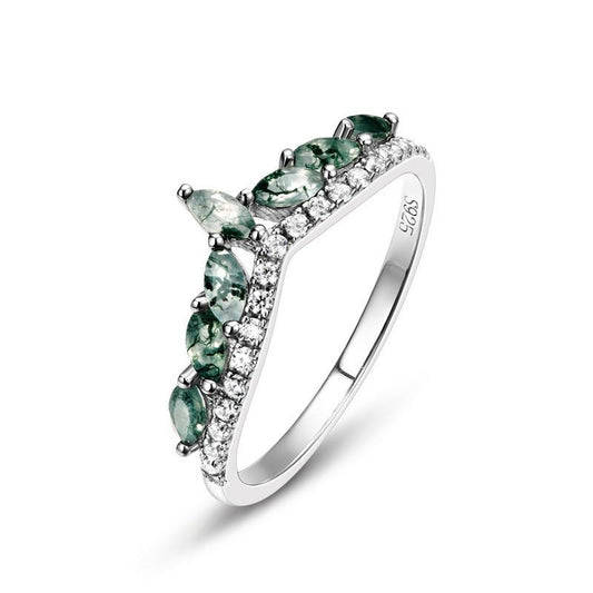Marquise Green Moss Agate Half Eternity Ring in 925 Sterling Silver