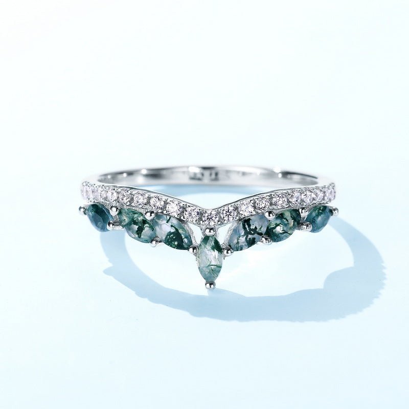 Marquise Green Moss Agate Half Eternity Ring in 925 Sterling Silver