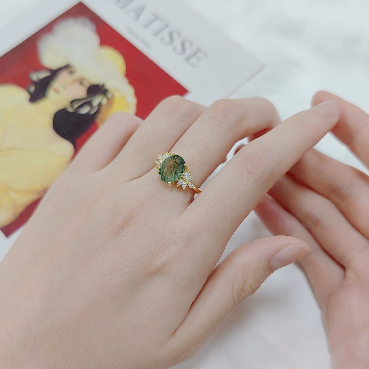 Oval Halo Natural Moss Agate Engagement Ring - 18k Gold Plated 925 Sterling Silver | Perfect Gift for Her (Engagement, Wedding Anniversary, Birthday)