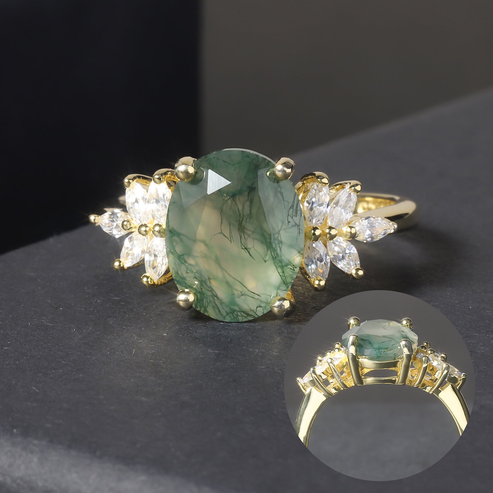 Oval Halo Natural Moss Agate Engagement Ring - 18k Gold Plated 925 Sterling Silver | Perfect Gift for Her (Engagement, Wedding Anniversary, Birthday)