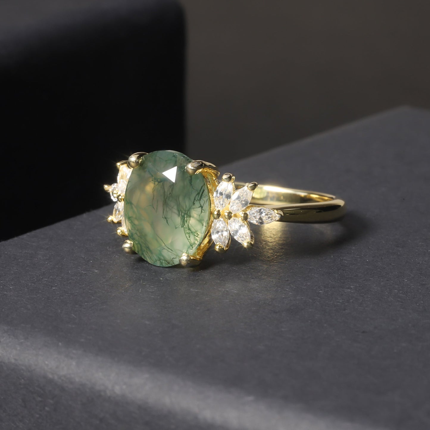 Oval Halo Natural Moss Agate Engagement Ring - 18k Gold Plated 925 Sterling Silver | Perfect Gift for Her (Engagement, Wedding Anniversary, Birthday)