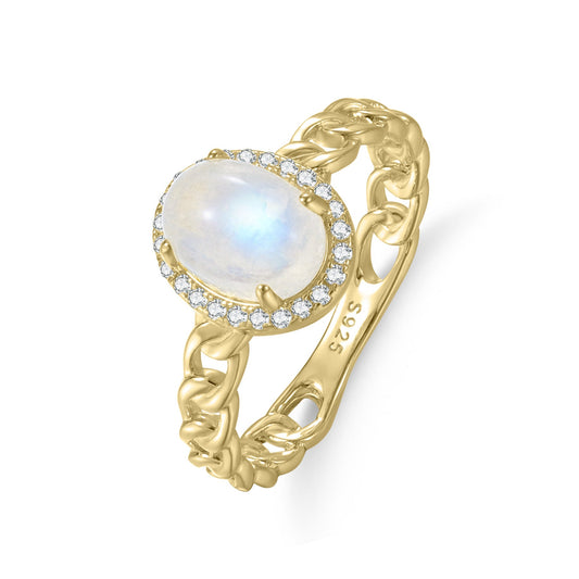Oval Natural Cream Blue Moonstone Rings Halo Hollow Gold 925 Sterling Silver Engagement Gift