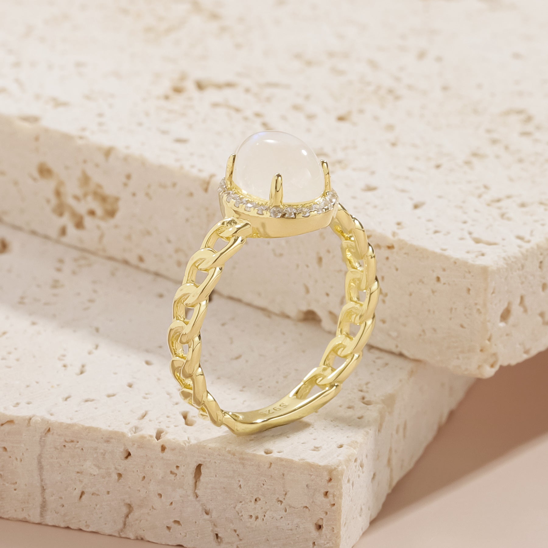 Oval Natural Cream Blue Moonstone Rings Halo Hollow Gold 925 Sterling Silver Engagement Gift