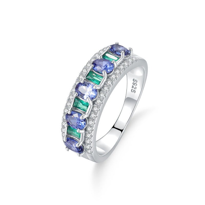Oval Natural Opal & Lab Grown Sapphire Half Eternity Ring - 925 Sterling Silver Women's Jewelry