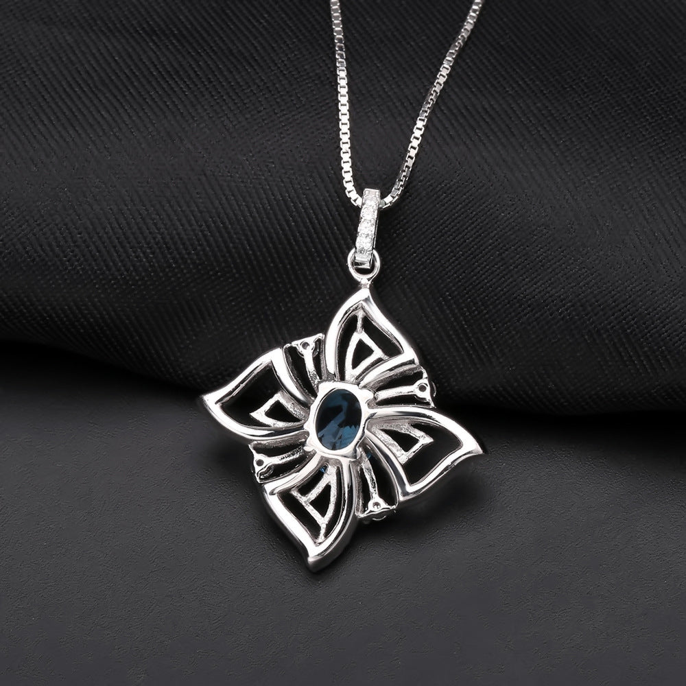 Oval Swiss Blue Topaz Necklace, Floral Halo Pendant in 925 Sterling Silver