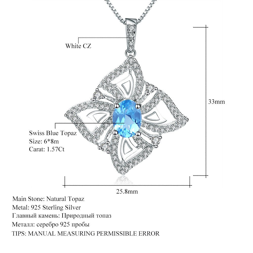 Oval Swiss Blue Topaz Necklace, Floral Halo Pendant in 925 Sterling Silver