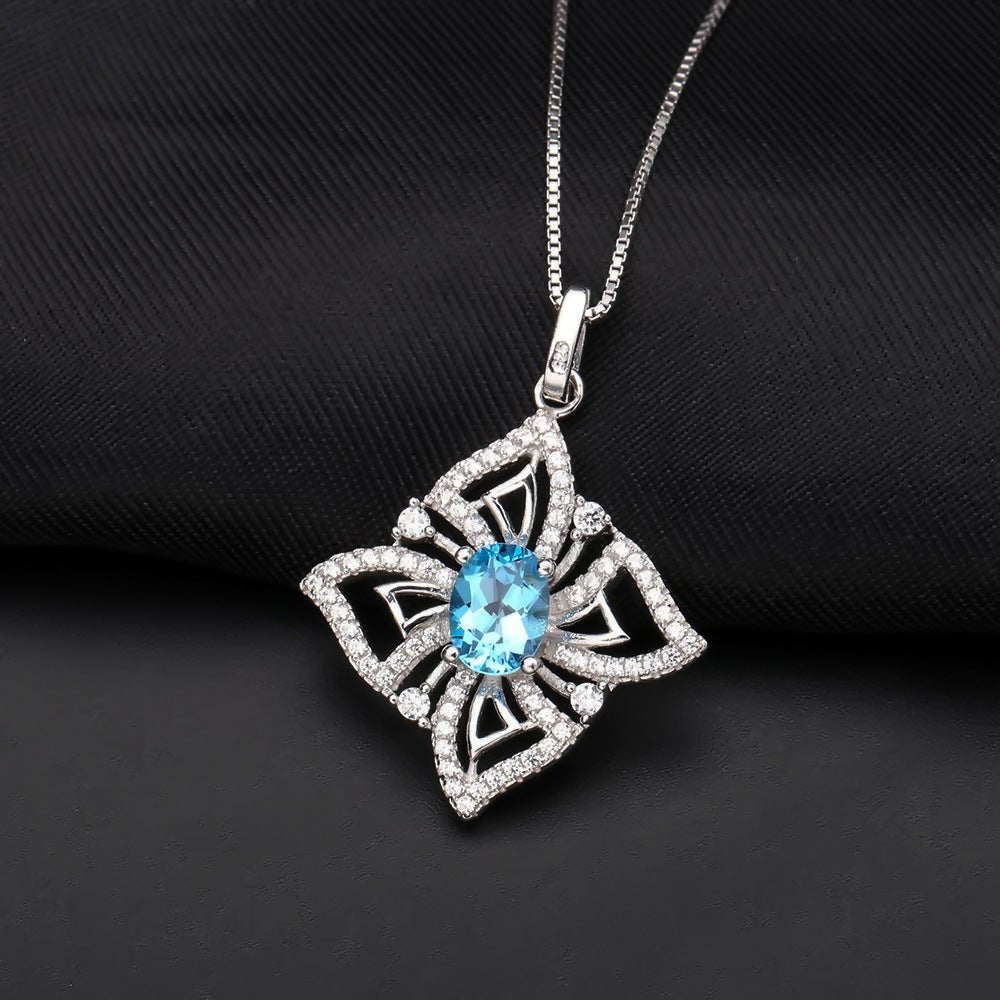 Oval Swiss Blue Topaz Necklace, Floral Halo Pendant in 925 Sterling Silver