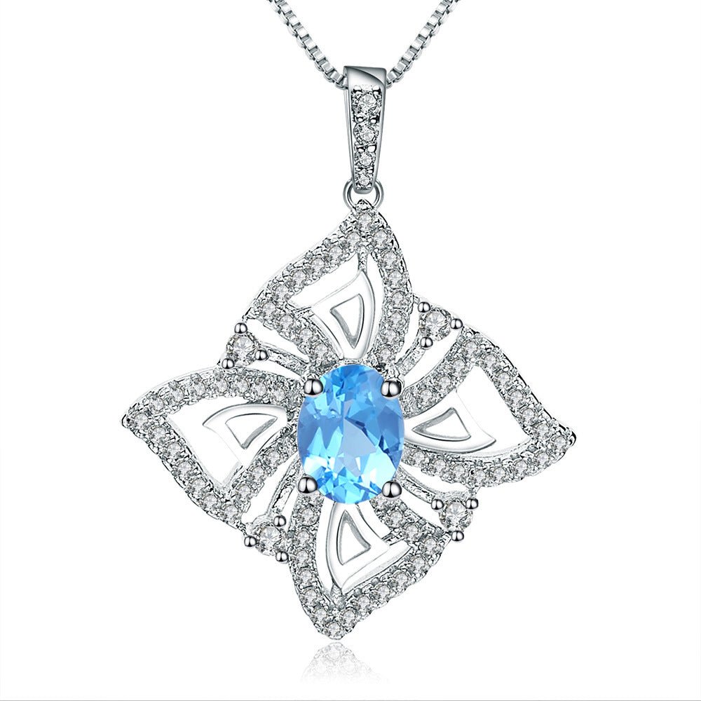 Oval Swiss Blue Topaz Necklace, Floral Halo Pendant in 925 Sterling Silver