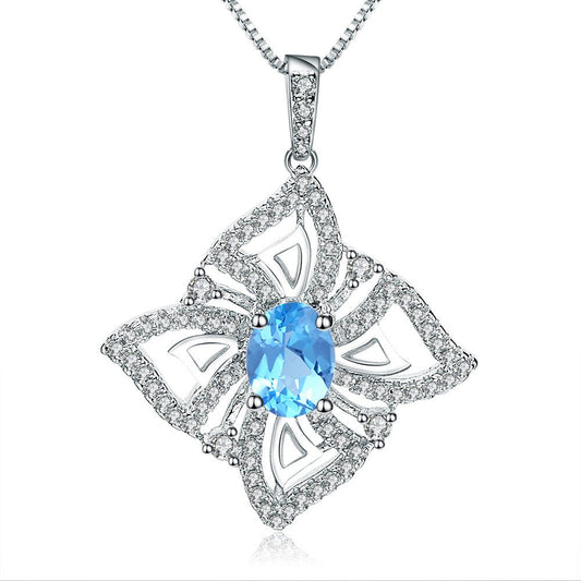 Oval Swiss Blue Topaz Necklace, Floral Halo Pendant in 925 Sterling Silver