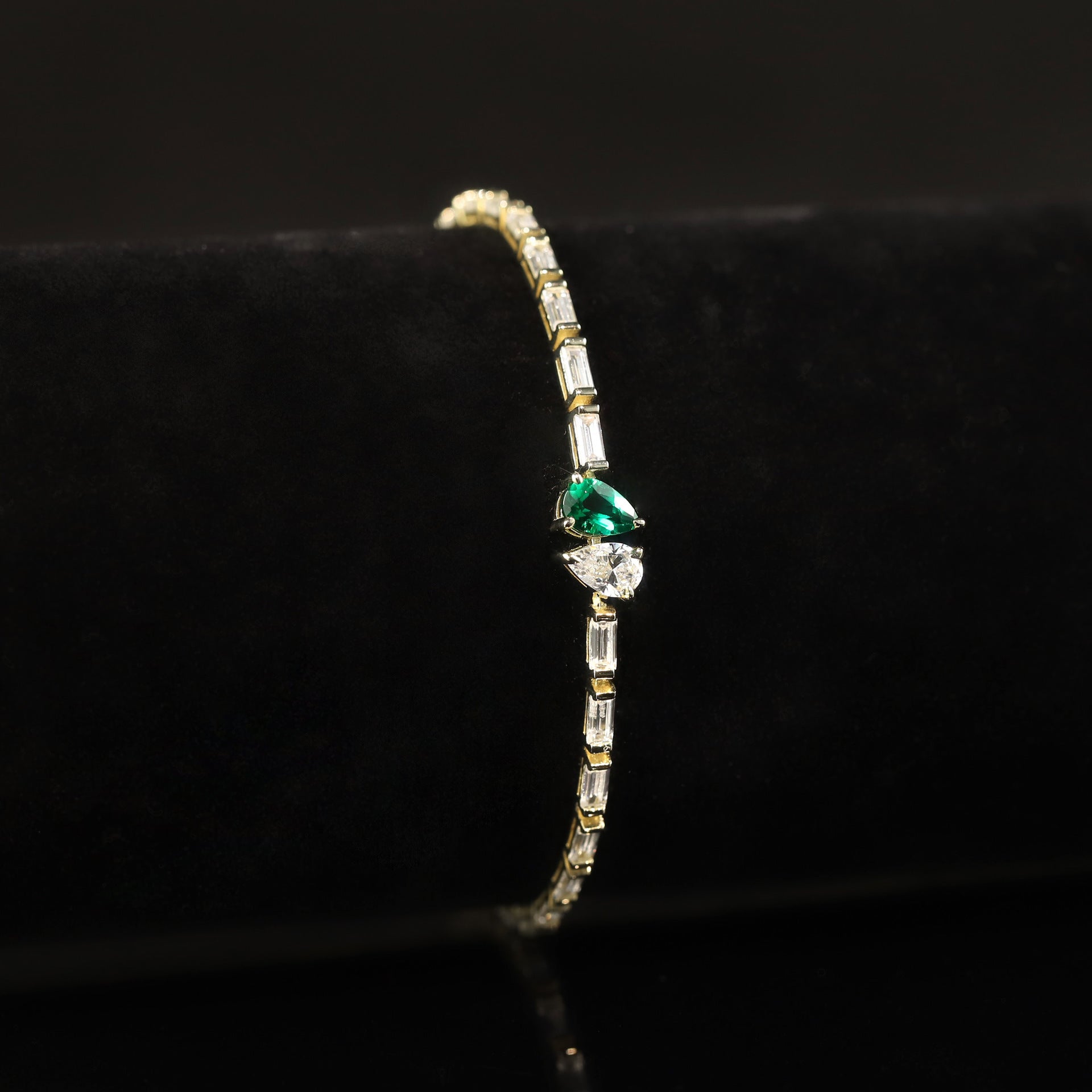 Pear Cultivated Emerald Moissanite Tennis Chain 925 Sterling Silver Bracelet Baguette Cut