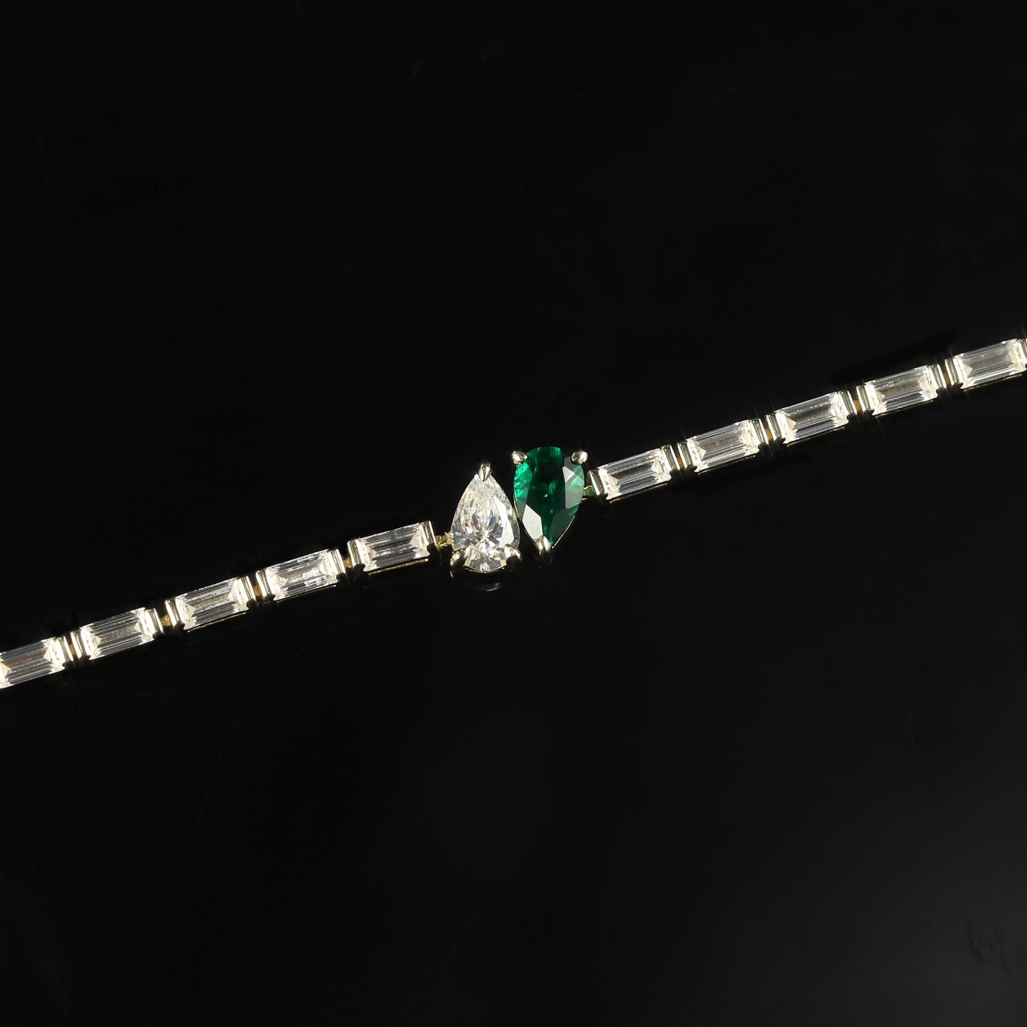 Pear Cultivated Emerald Moissanite Tennis Chain 925 Sterling Silver Bracelet Baguette Cut