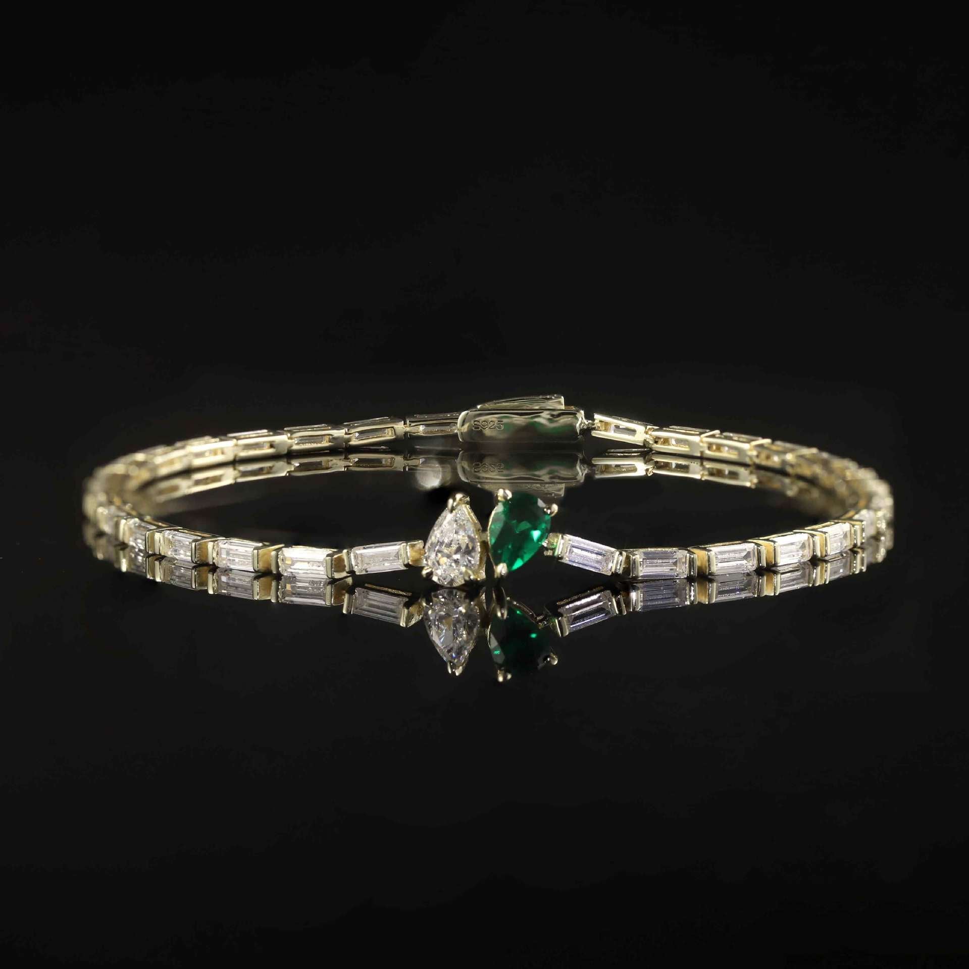 Pear Cultivated Emerald Moissanite Tennis Chain 925 Sterling Silver Bracelet Baguette Cut