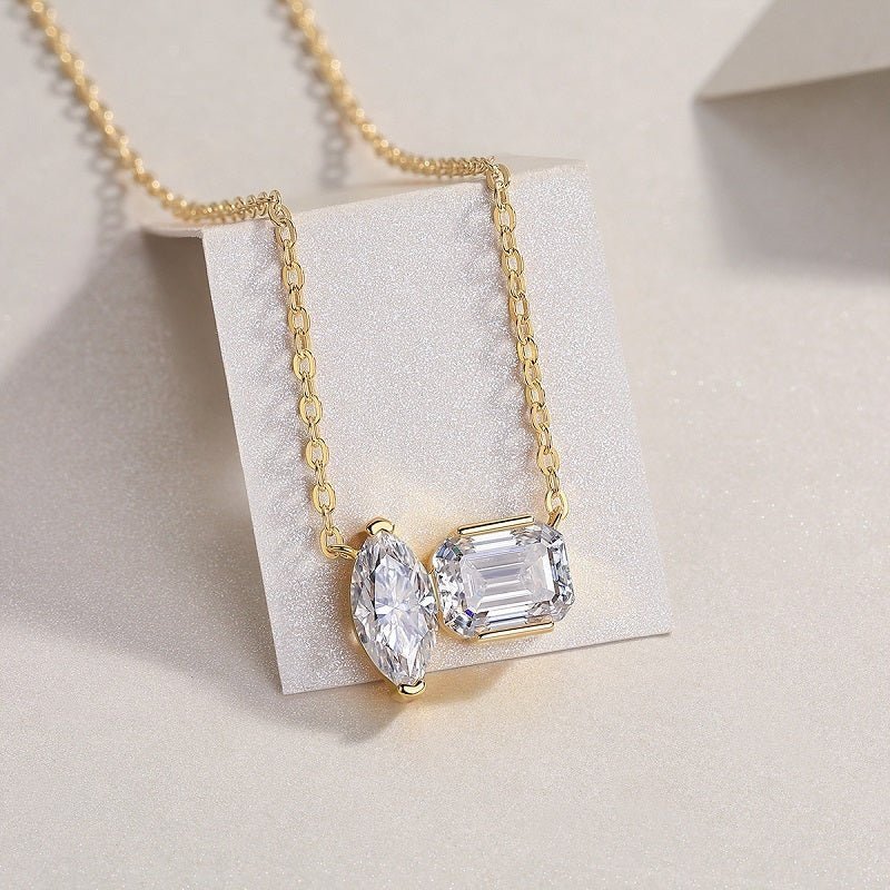 Pear Emerald Cut Toi et moi Moissanite Necklace 925 Silver Gift for Her