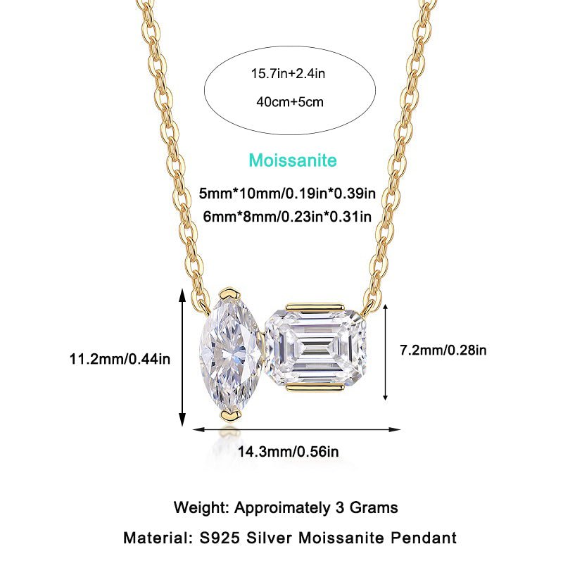 Pear Emerald Cut Toi et moi Moissanite Necklace 925 Silver Gift for Her