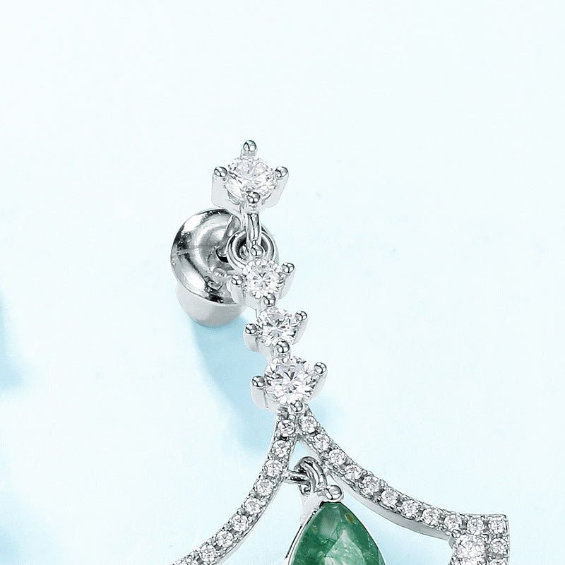 Pear Green Moss Agate Dangle Earrings - Elegant Fan Design in 925 Sterling Silver