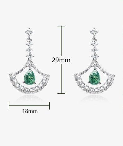 Pear Green Moss Agate Dangle Earrings - Elegant Fan Design in 925 Sterling Silver