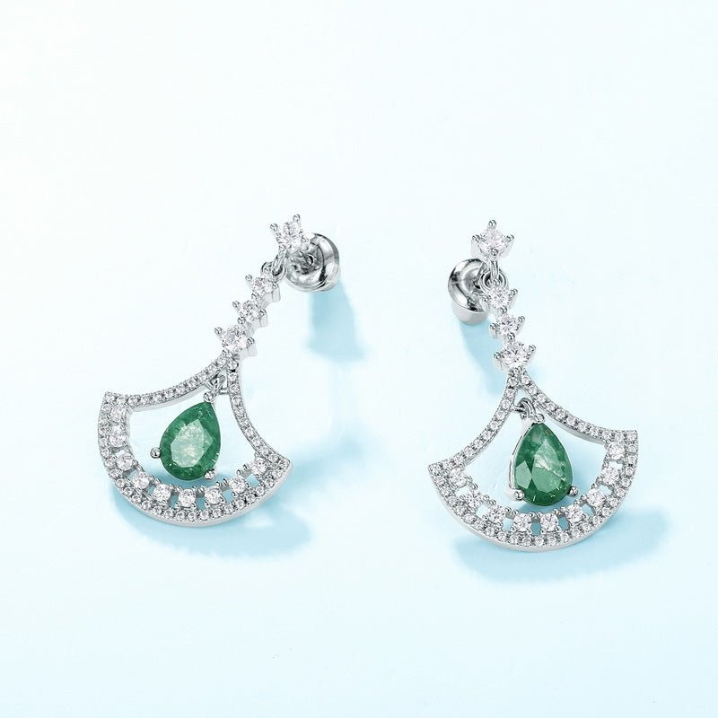 Pear Green Moss Agate Dangle Earrings - Elegant Fan Design in 925 Sterling Silver