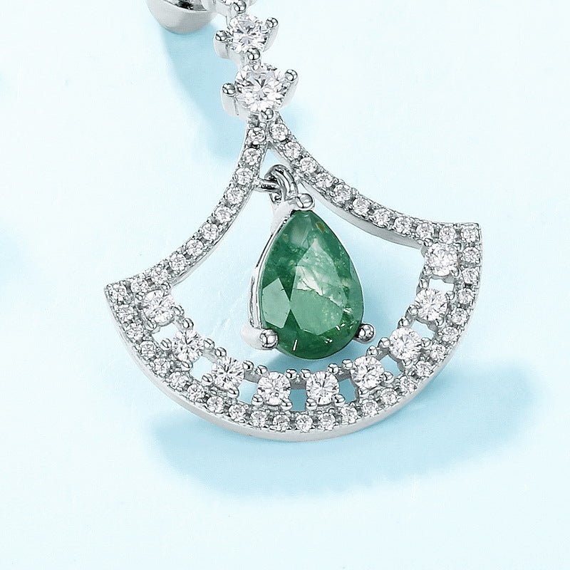 Pear Green Moss Agate Dangle Earrings - Elegant Fan Design in 925 Sterling Silver