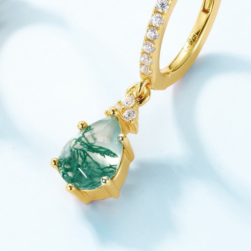 Pear Moss Agate Gold Hoop Earrings Anniversary Birthday Gifts for Her