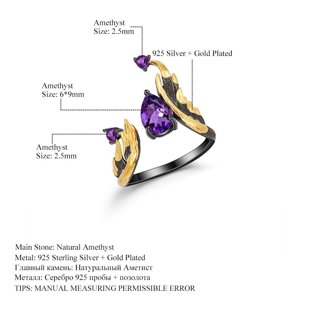 Pear Natural Amethyst Ring 925 Silver