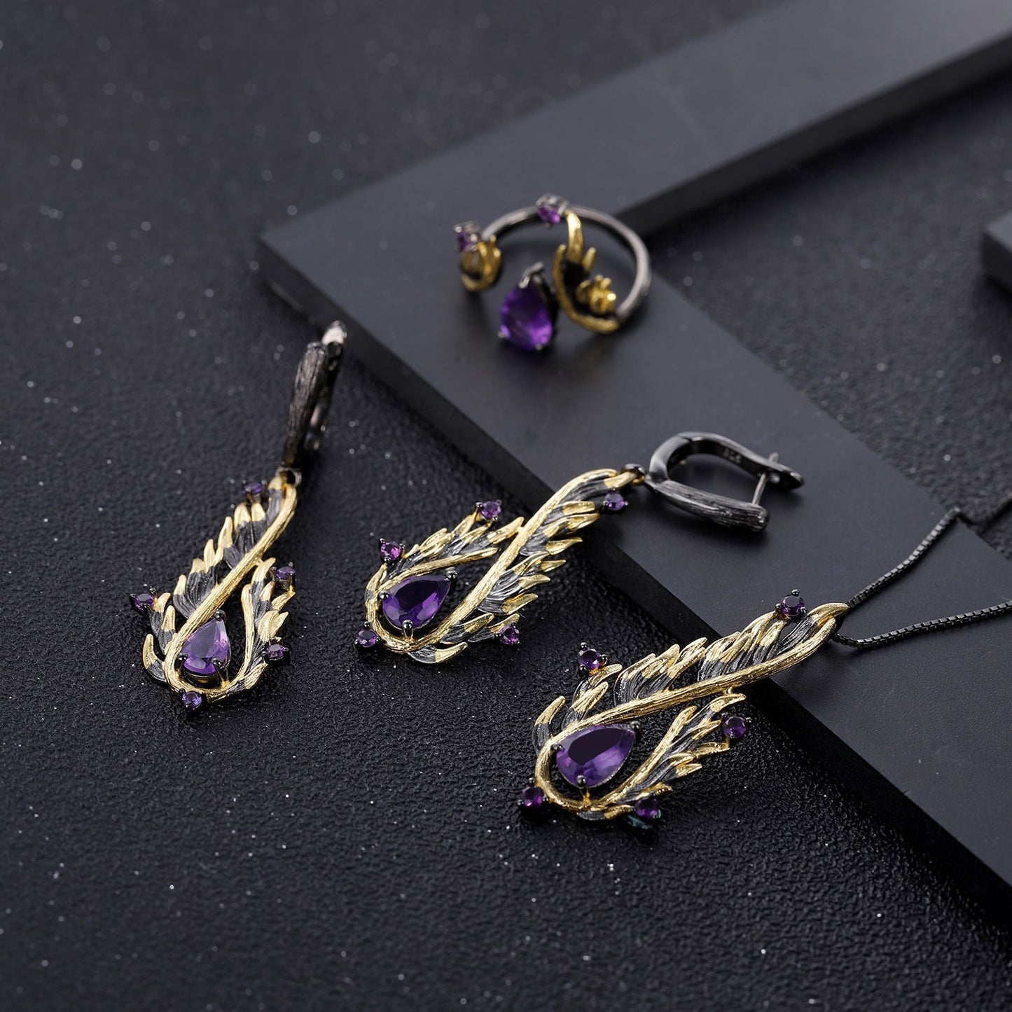 Pear Natural Amethyst Ring 925 Silver