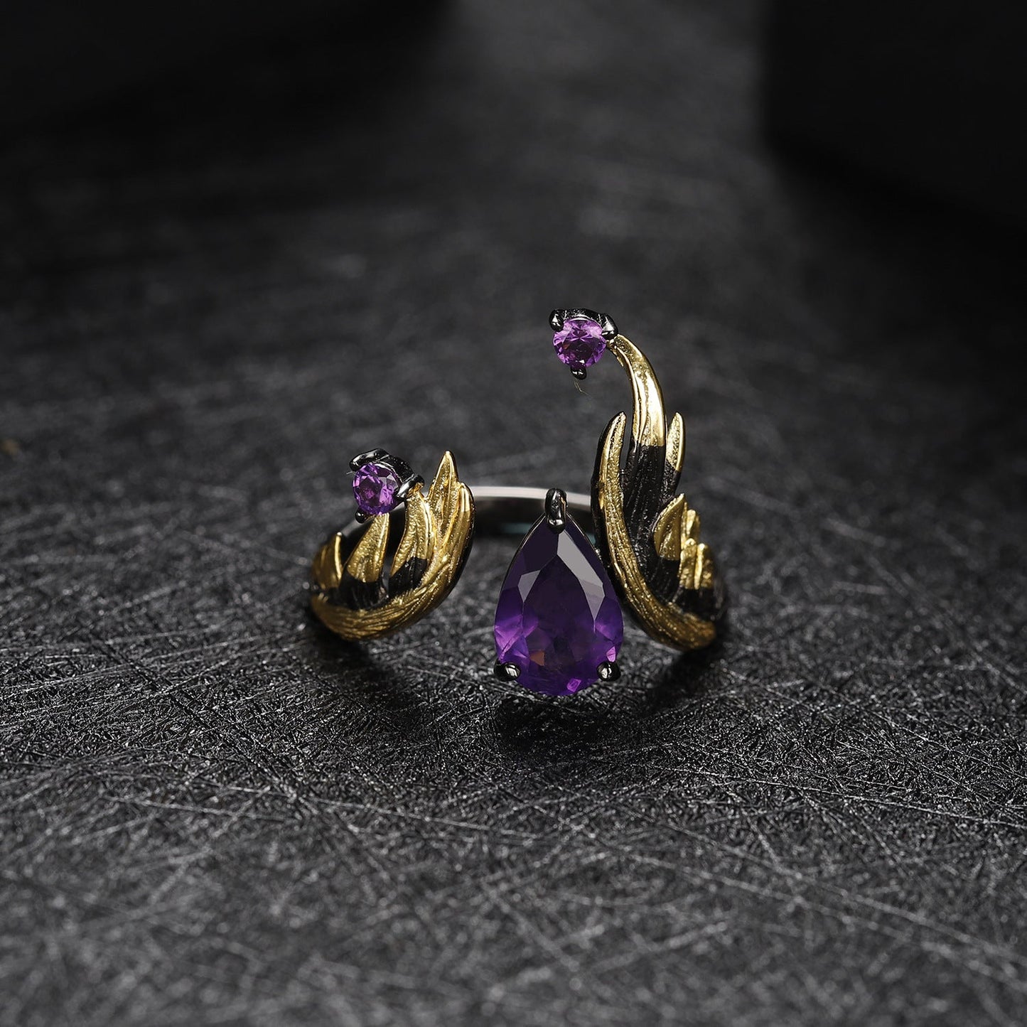 Pear Natural Amethyst Ring 925 Silver
