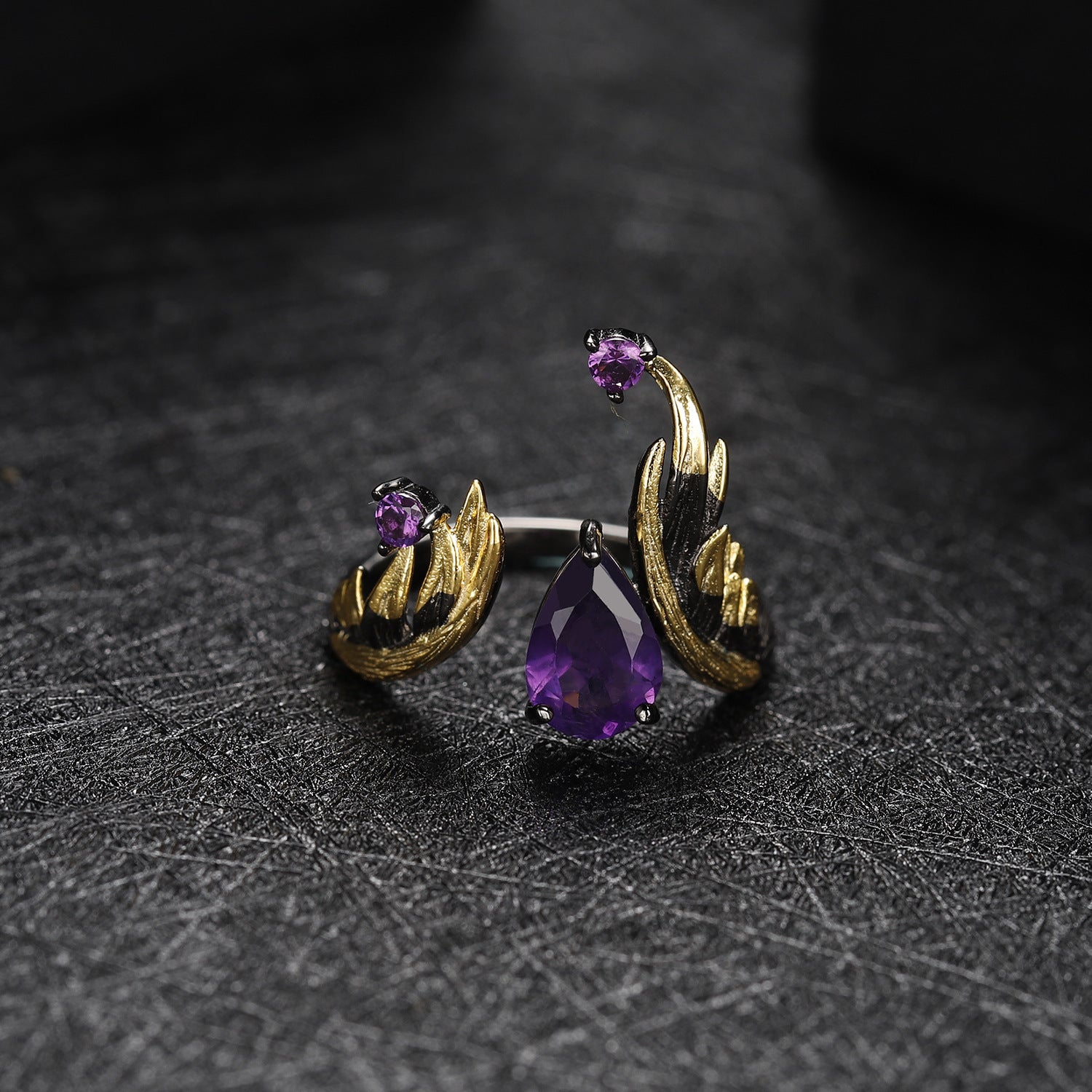 Pear Natural Amethyst Ring 925 Silver