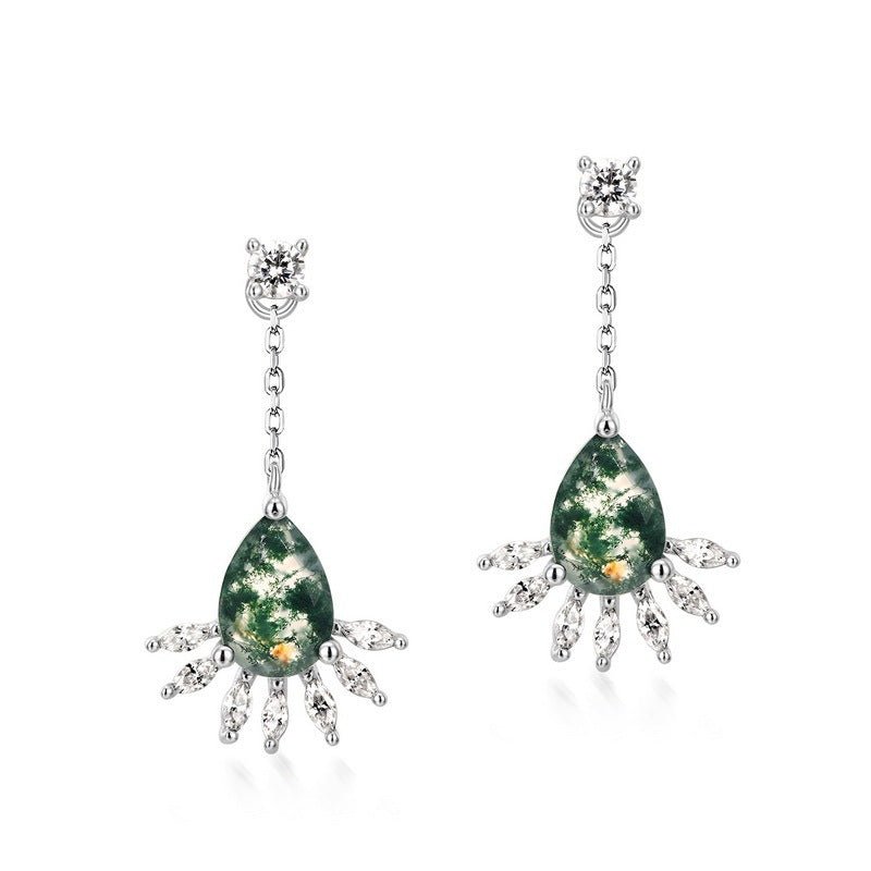 Pear Shaped Green Moss Agate Earrings for Women in 925 Sterling Silver