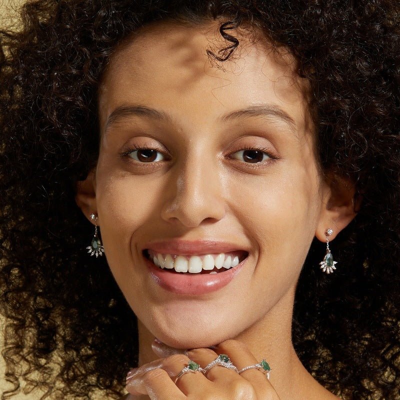 Pear Shaped Green Moss Agate Earrings for Women in 925 Sterling Silver