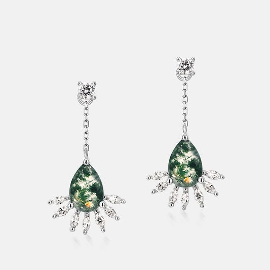 Pear Shaped Green Moss Agate Earrings for Women in 925 Sterling Silver