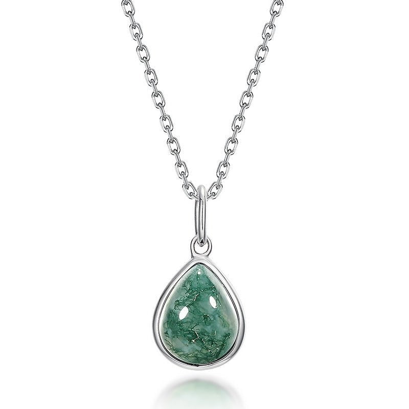 Pear Shaped Green Moss Agate Pendant Necklace Clavicle Chain 925 Sterling Silver