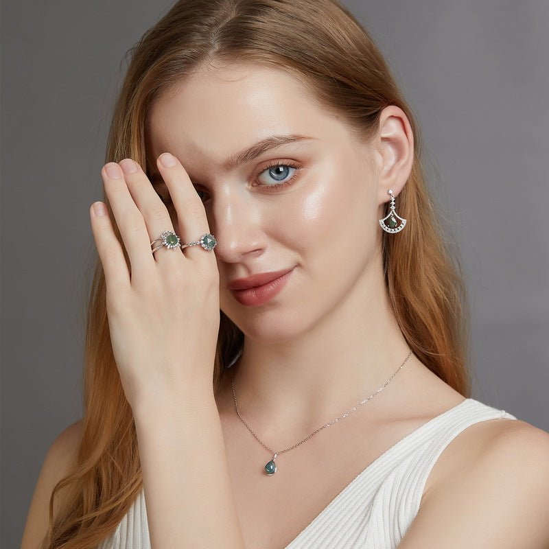 Pear Shaped Green Moss Agate Pendant Necklace Clavicle Chain 925 Sterling Silver