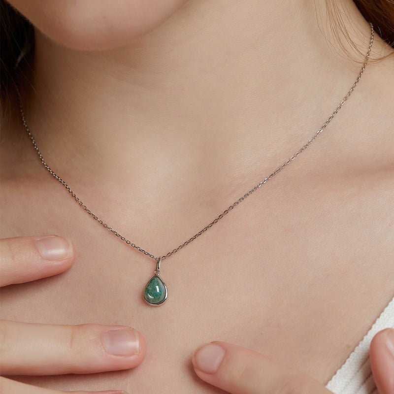 Pear Shaped Green Moss Agate Pendant Necklace Clavicle Chain 925 Sterling Silver