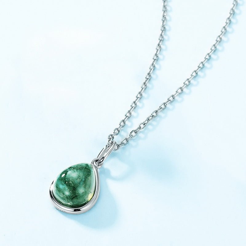 Pear Shaped Green Moss Agate Pendant Necklace Clavicle Chain 925 Sterling Silver