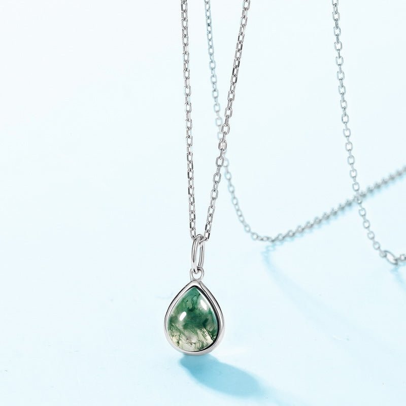 Pear Shaped Green Moss Agate Pendant Necklace Clavicle Chain 925 Sterling Silver