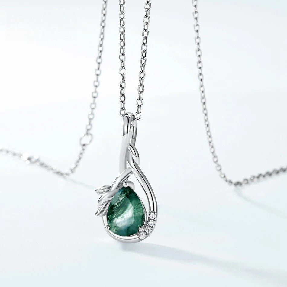 Pear Shaped Moss Agate Pendant, Olive Branch Necklace in 925 Sterling Silver