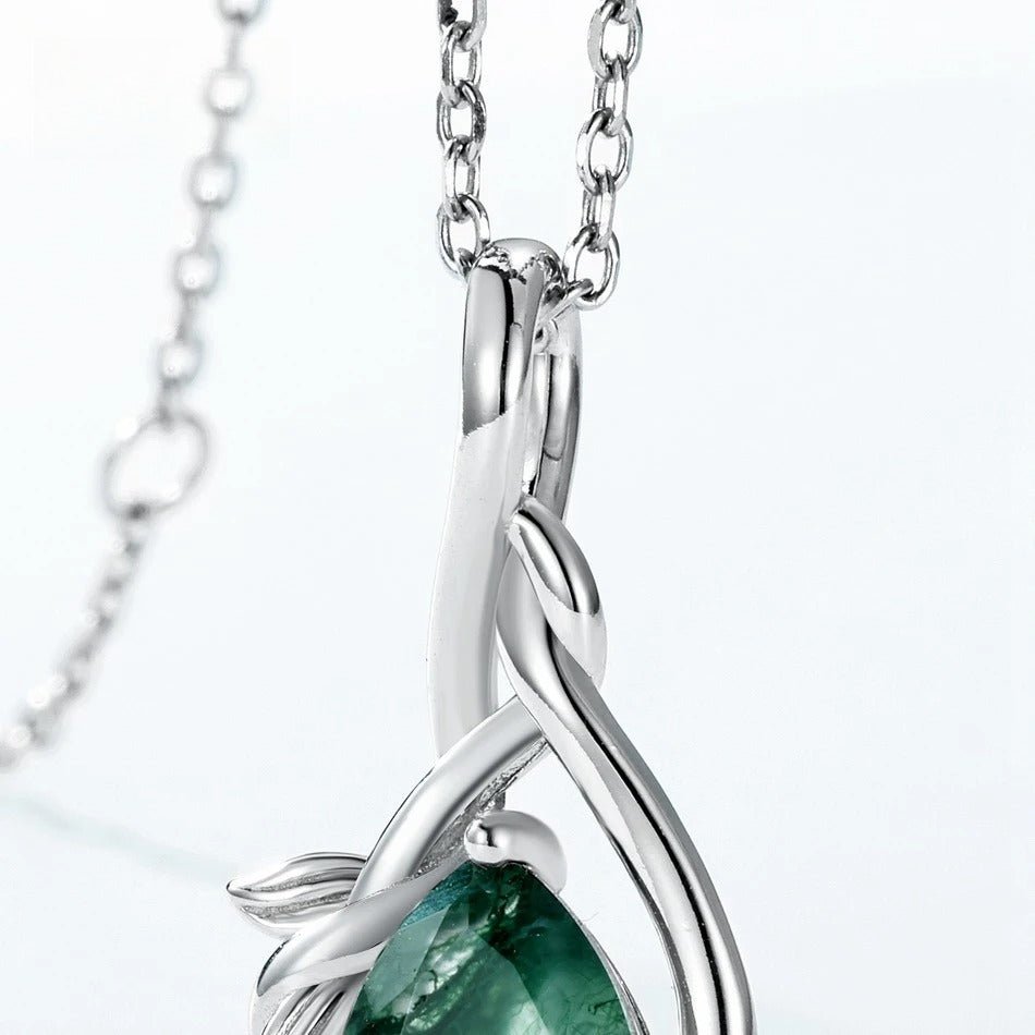 Pear Shaped Moss Agate Pendant, Olive Branch Necklace in 925 Sterling Silver