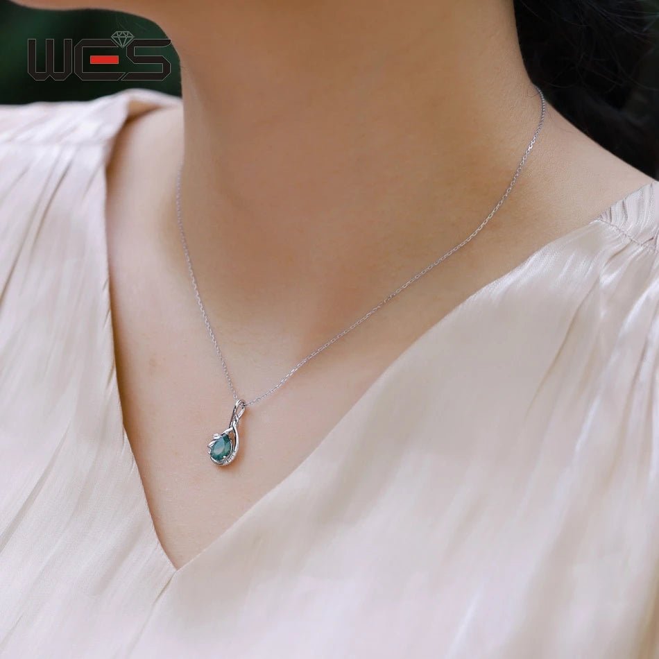 Pear Shaped Moss Agate Pendant, Olive Branch Necklace in 925 Sterling Silver