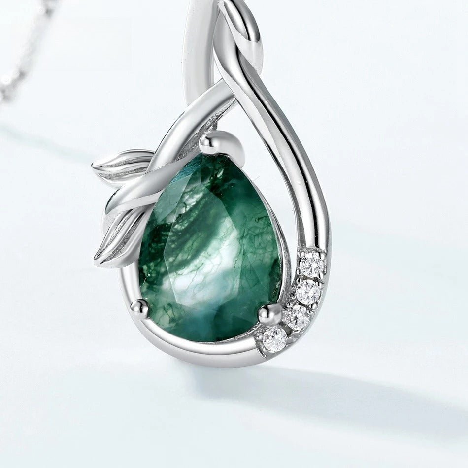 Pear Shaped Moss Agate Pendant, Olive Branch Necklace in 925 Sterling Silver