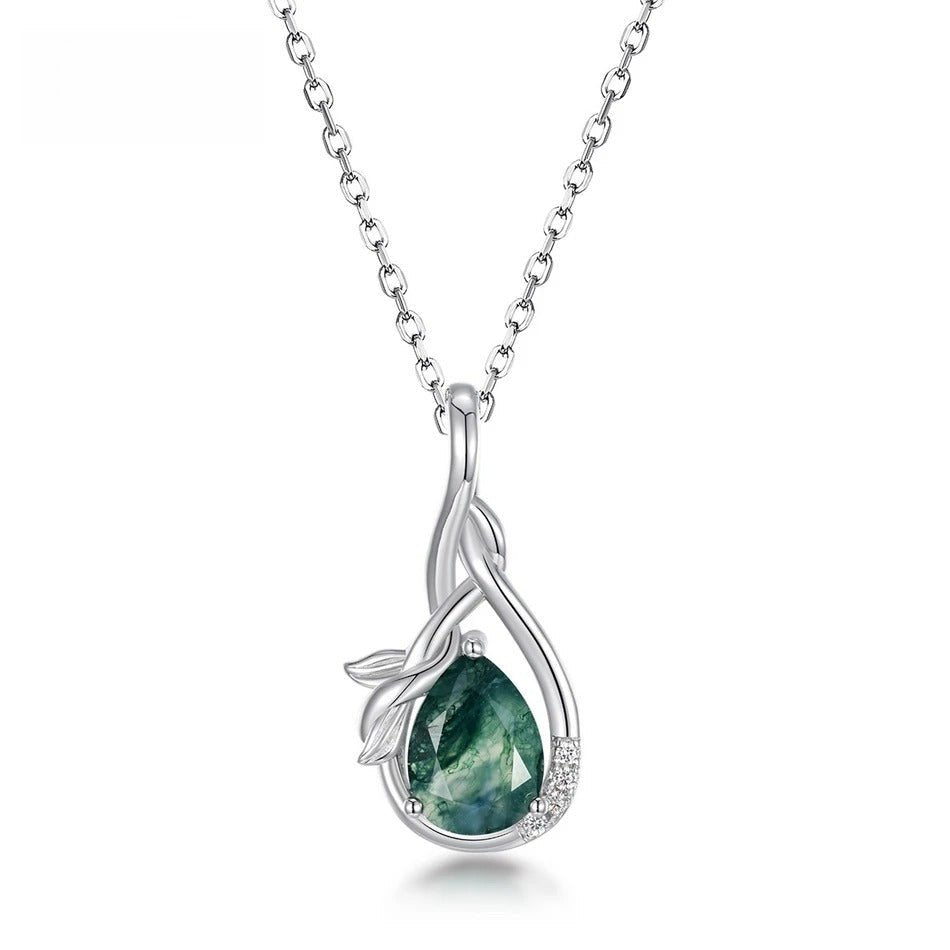 Pear Shaped Moss Agate Pendant, Olive Branch Necklace in 925 Sterling Silver