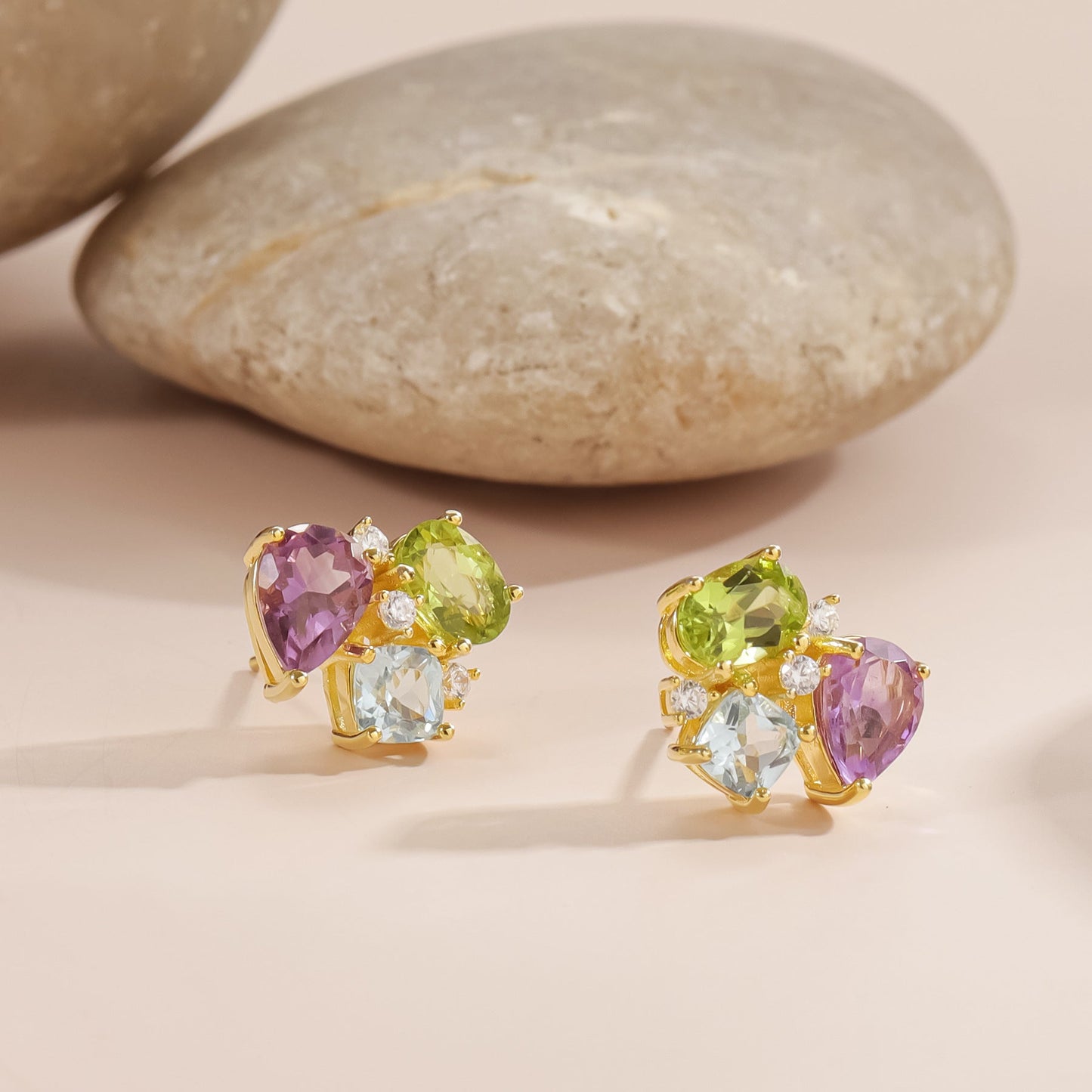 Peridot & Amethyst Stud Earrings in 925 Sterling Silver Dainty Birthstone Gift