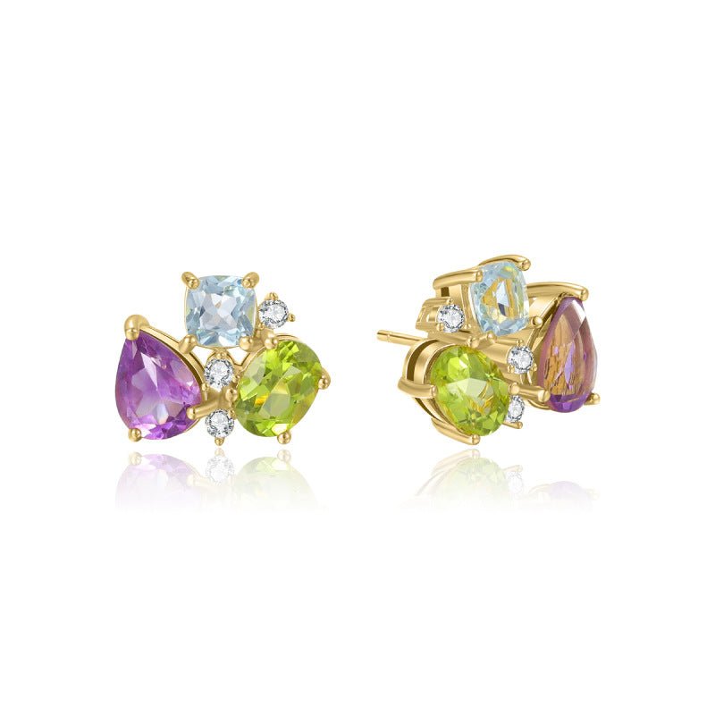 Peridot & Amethyst Stud Earrings in 925 Sterling Silver Dainty Birthstone Gift
