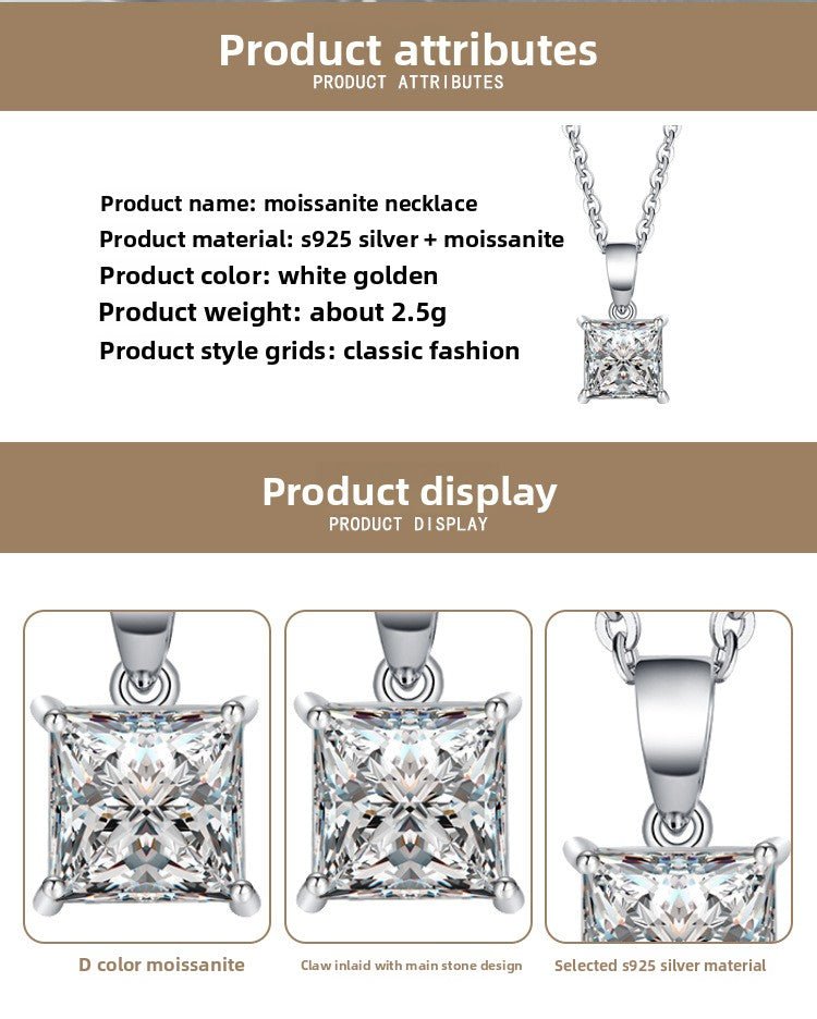 Princess Cut Moissanite Pendant Necklace | 1-2 Ct Square Solitaire | 925 Silver Gift for Women