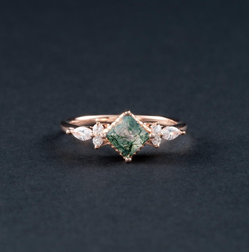 Princess Cut Moss Agate Engagement Ring - Rose Gold Halo, Natural Stone, Vintage Wedding Ring