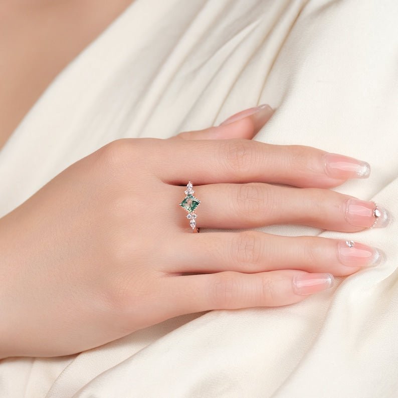 Princess Cut Moss Agate Engagement Ring - Rose Gold Halo, Natural Stone, Vintage Wedding Ring