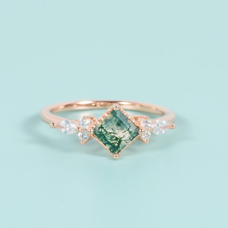 Princess Cut Moss Agate Engagement Ring - Rose Gold Halo, Natural Stone, Vintage Wedding Ring