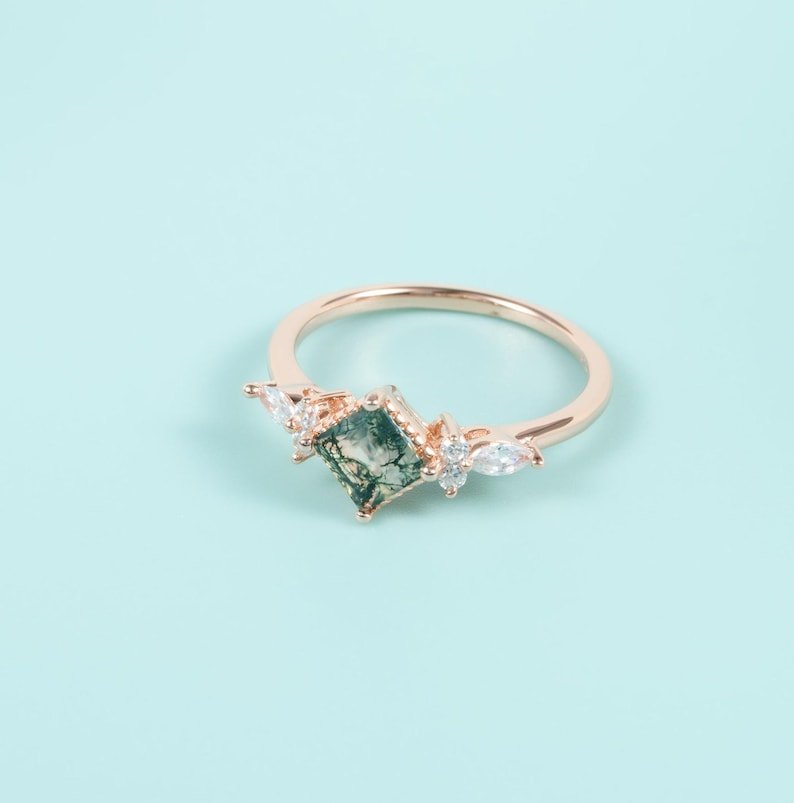 Princess Cut Moss Agate Engagement Ring - Rose Gold Halo, Natural Stone, Vintage Wedding Ring