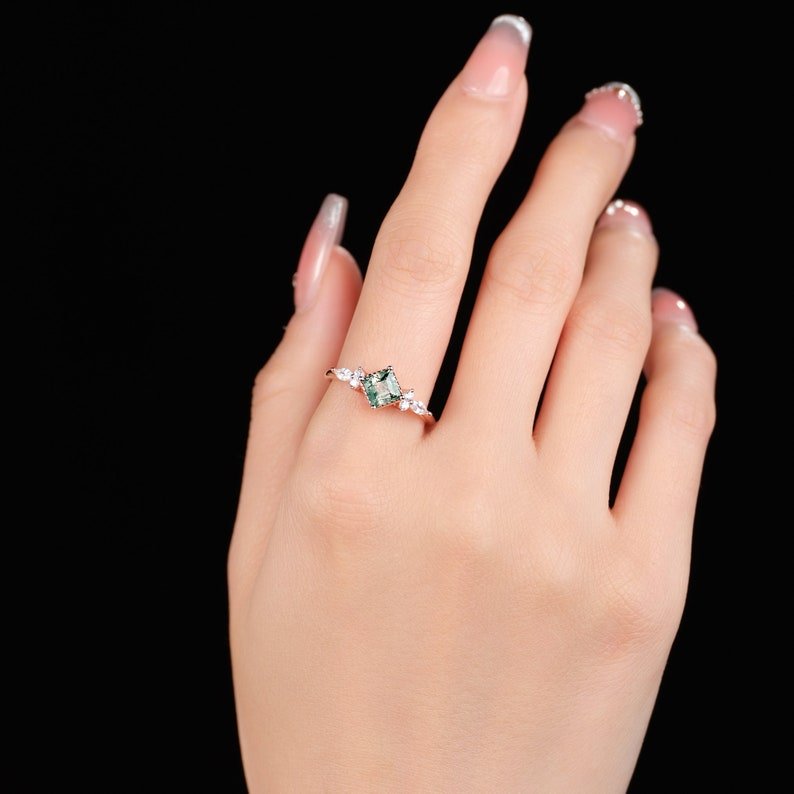 Princess Cut Moss Agate Engagement Ring - Rose Gold Halo, Natural Stone, Vintage Wedding Ring