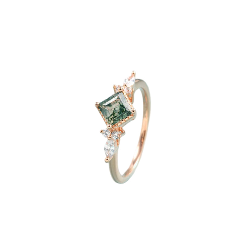 Princess Cut Moss Agate Engagement Ring - Rose Gold Halo, Natural Stone, Vintage Wedding Ring
